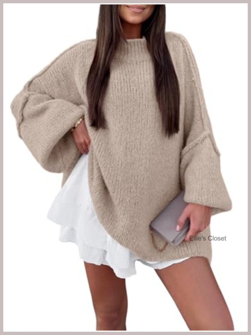 Oversized Mock Neck Batwing Long Sleeve Chunky Knit Pullover Sweater